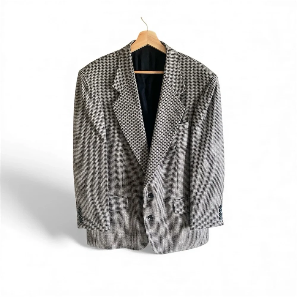 Vtg Oscar De La Renta Blazer 42R Men Brown‎ Check Wool Blazer Single Breasted